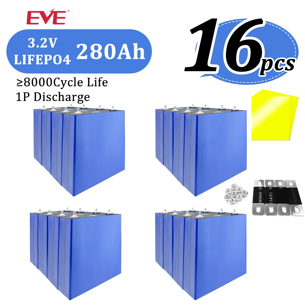 

Poland stock EVE 280K 8000+ cycles 3.2V 280AH Lifepo4 Lithium Iron Phosphate Grade A Battery Cells Free Epoxy board 2-16PCS