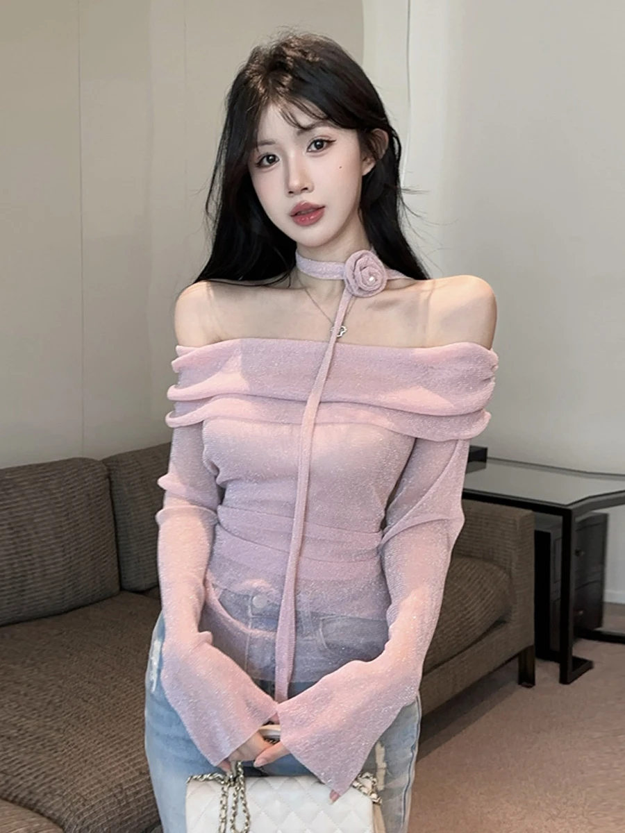 

Sexy Pure Desire Long Sleeve Bellini Top for Women Sparkling Draped Strapless Bodycon Shirt Show off Clavicle Trendy Lace Shirt