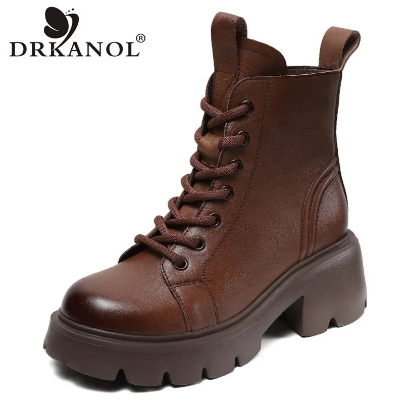 DRKANOL Genuine Cow Leather Ankle Boots For Women Height Increasing Thick High Heel Chunky Platform Autumn Winter Fur Warm Boots