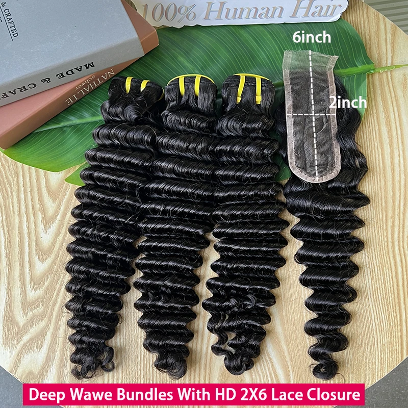 

Наборы волос Deep Wave из 100% натуральных человеческих волос с HD-заколкой 2x6, невидимые, как вторая кожа, для полной головы