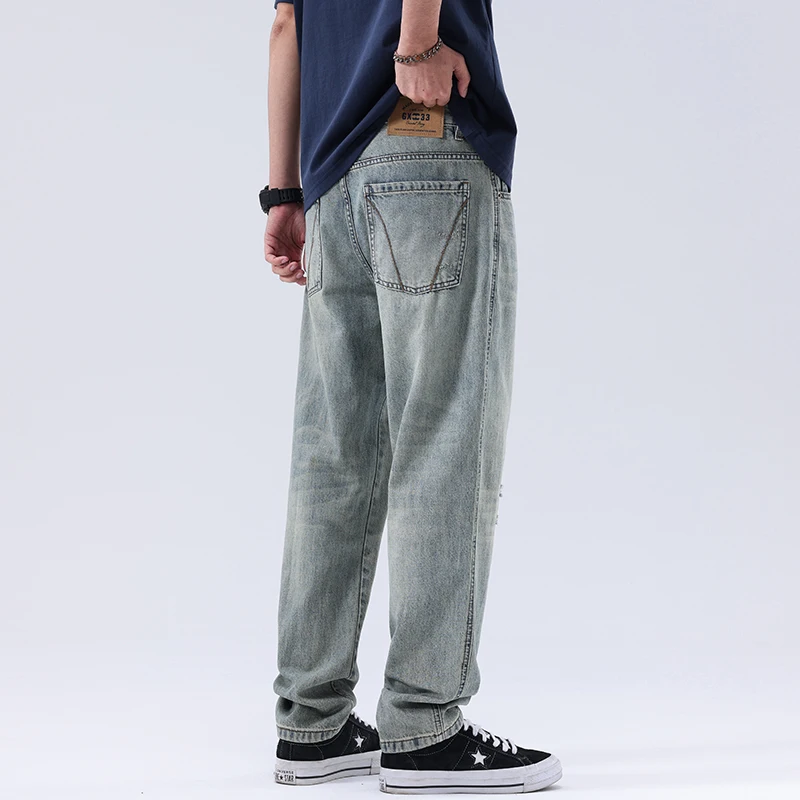 

2026 весенне-осенние новые винтажные прямые джинсы из стираного хлопка для мужчин, одежда, повседневные рваные джинсы