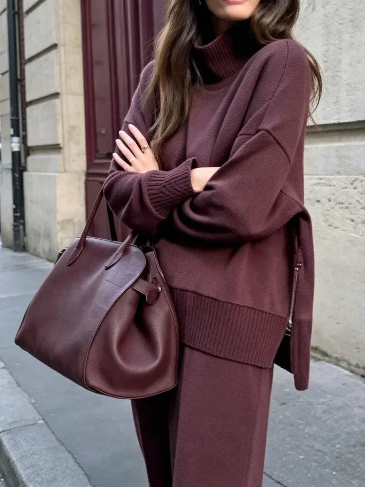 Solides zweiteiliges Damen-Set mit halbhohem Kragen, langen Ärmeln, seitlichem Reißverschluss, lockerem Pullover-Oberteil und gerader Hose, 2026 Damen-Matching-Set. – Detail 5