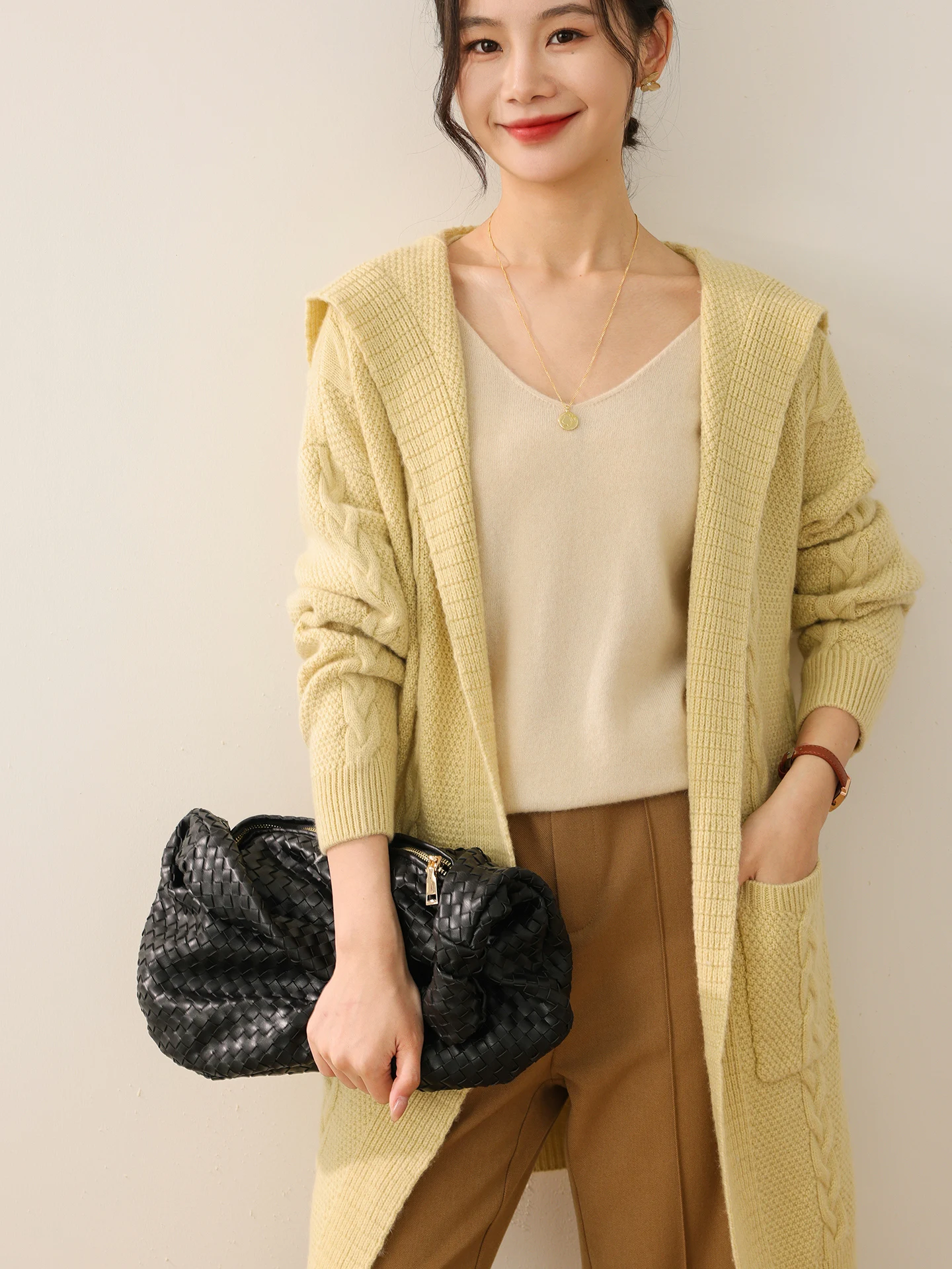 

100% Merino Wool Women's Cardigan Coat Autumn Winter Hooded Twisted Soft Knee Length Sweater Knitted Warm Lazy Timeless Garment