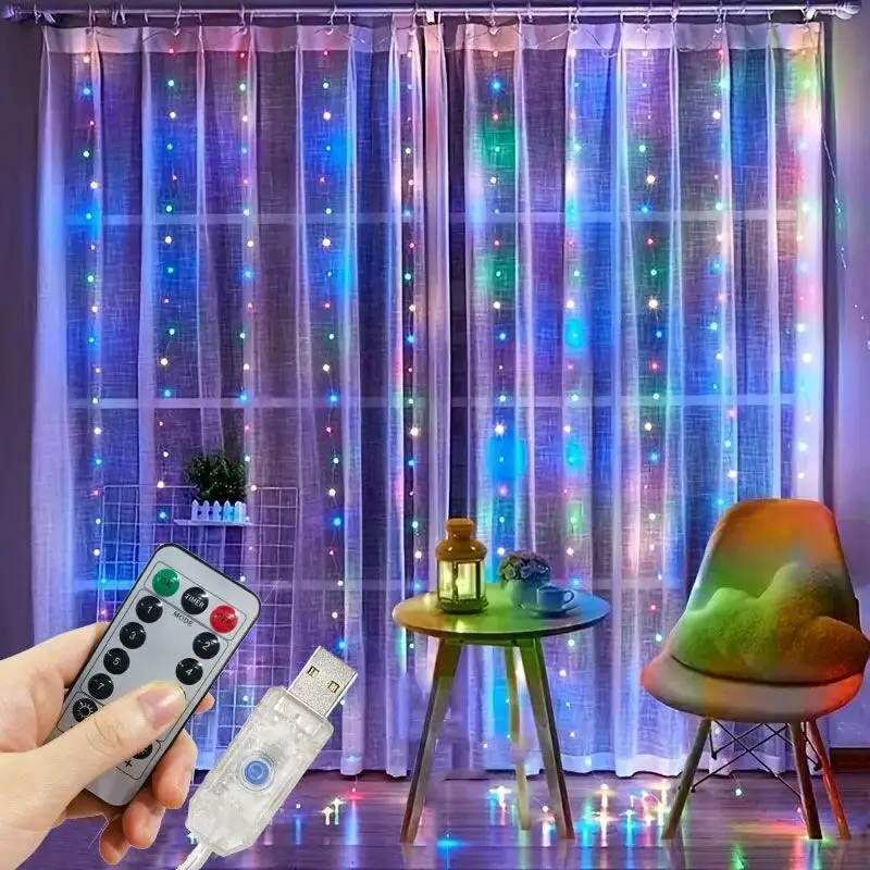 Guirnalda de luces LED para exteriores, luces de cortina USB de 3M, 4M, 6M, 8 modos para dormitorio, boda, decoración de Navidad, fiesta de vacaciones