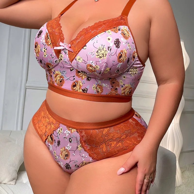 Peony Print Plus Size Women Thin No-Underwire Comfortable Backless Bra  Set Anti-Sagging XL 2XL 3XL 4XL
