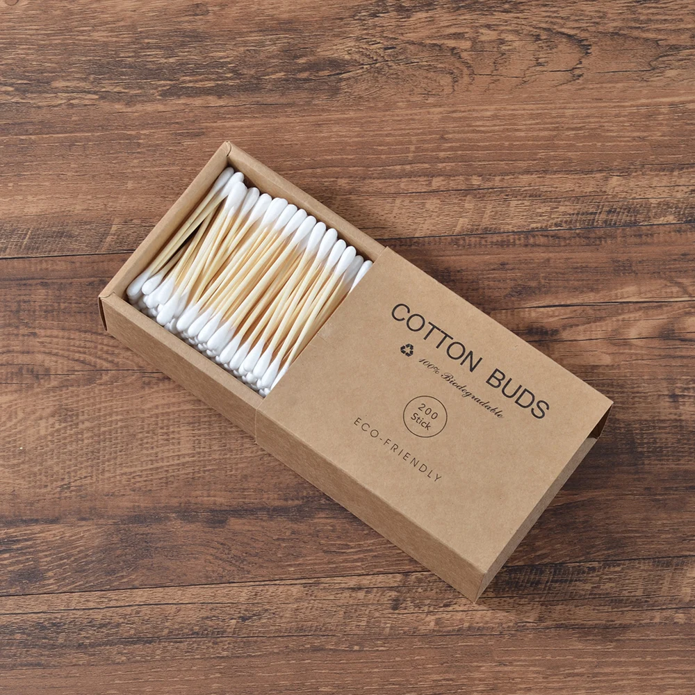 Plastic-Free 200Pcs/Box Double Head Bamboo Cotton Buds Adults Makeup Cotton Swab Wood Sticks Nose Ears Cleaning Health Care Tool