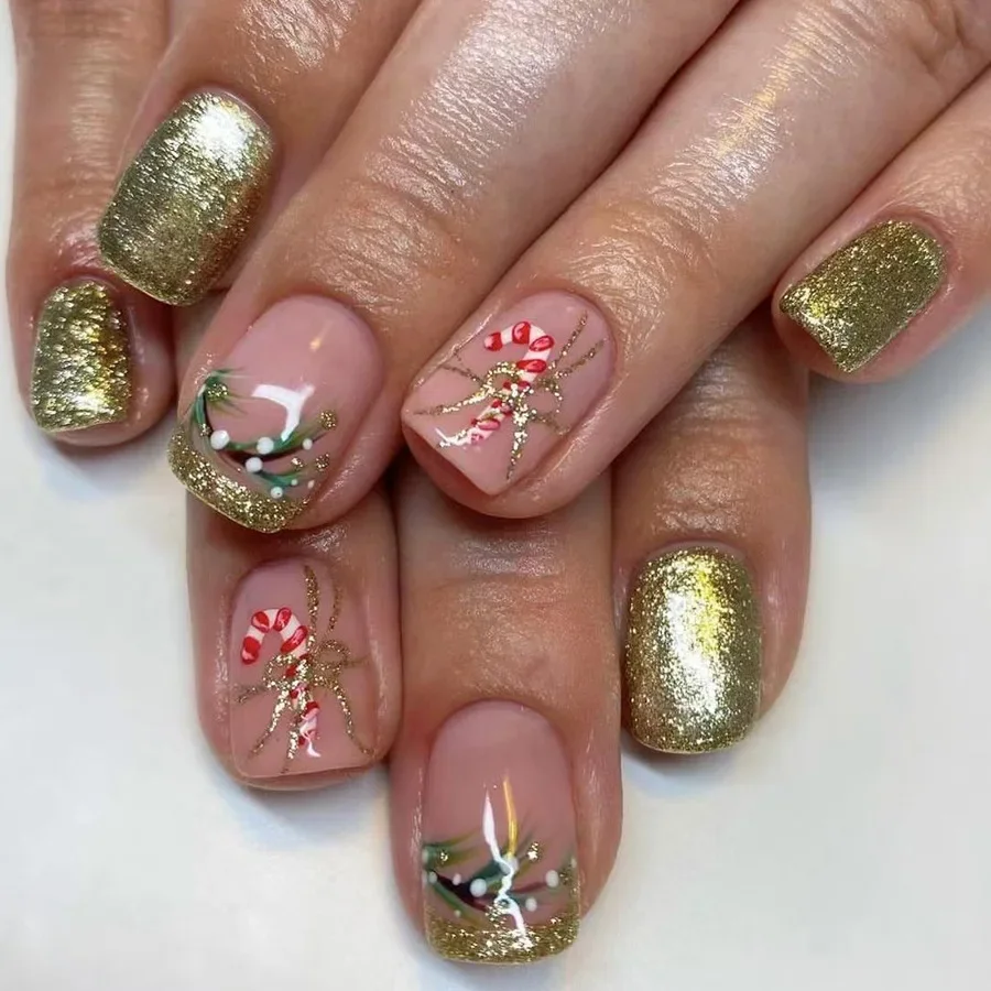 24 pçs curto árvore de natal unhas falsas com pó cintilante dos desenhos animados arte do prego imprensa em unhas acrílicas bonito presente de natal para a menina