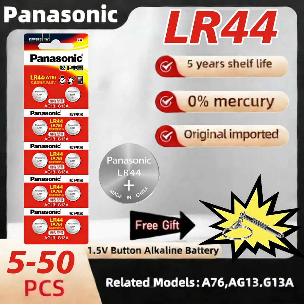 Baterías Alcalinas Panasonic AG13 A76 LR44 357 SR1154 SR44 LR 44 1.5V (5-50 Unidades) para Relojes, Calculadoras, Juguetes y Dispositivos de Tipo Botón