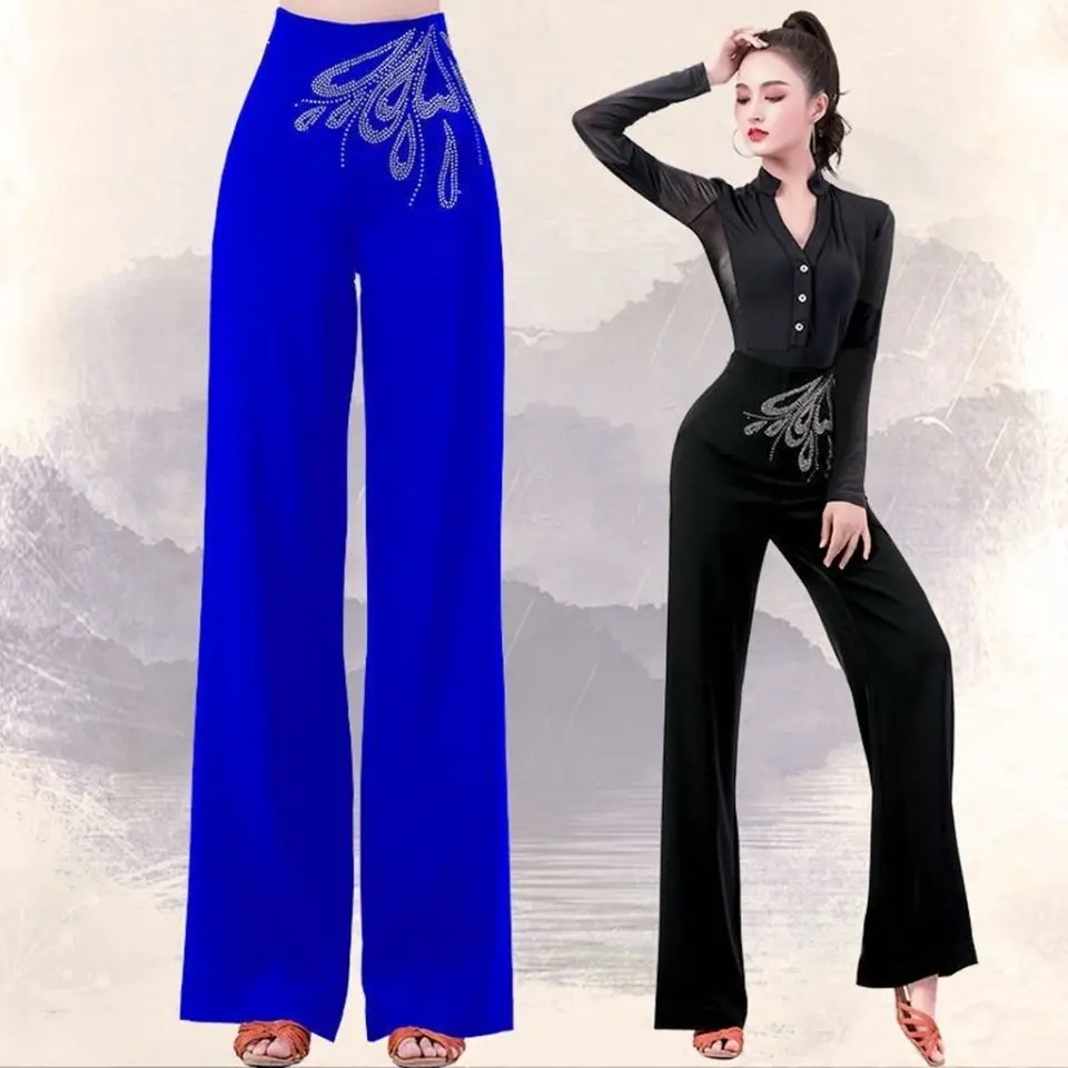 

Four Seasons Blue Ladies Wide-leg Pants Latin Dance Diamond-encrusted High Waist Straight Acrobatics Square Dance Wide-leg Pants