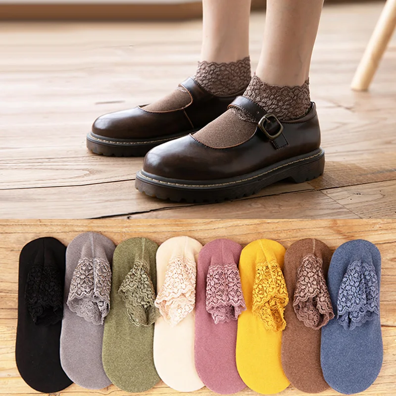 

Women Lace Thermal Socks Winter Warmer Velvet Anti-Slip Low-Tube Ankle Socks Thicken Soft Wool Home Floor Slippers Short Sock