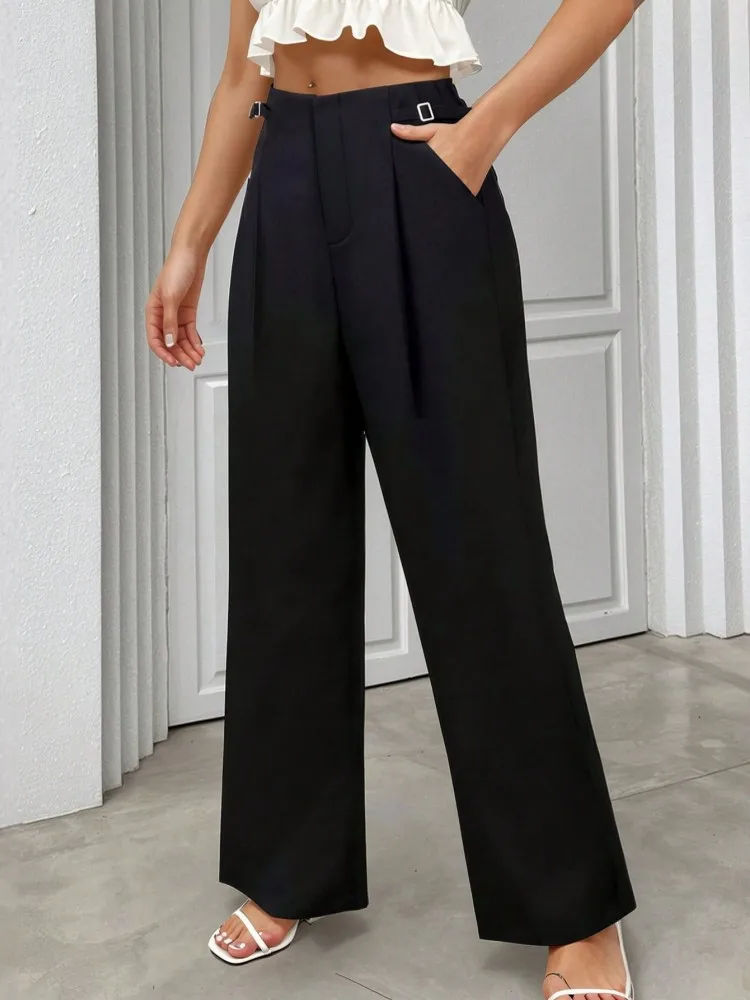 กางเกงขายาวสีดำเงาสำหรับผู้หญิง เอวสูง เหมาะสำหรับทำงานในออฟฟิศ ทรงเต็มตัว สำหรับฤดูใบไม้ร่วง ฤดูใบไม้ผลิ ฤดูร้อน ปี 2026