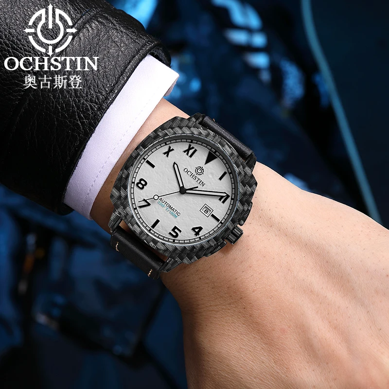 OCHSTIN Automatic Men Watch Military California Dial Mechanical Date Vintage Cushion Case Tactical Printing Leather Strap Clock