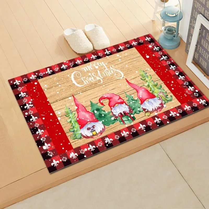 VIKAMA Merry Christmas Gnome Door Mat Wood Grain Buffalo Plaid Border Tomte Elf Xmas Tree Entryway Floor Mat Non Slip Decor