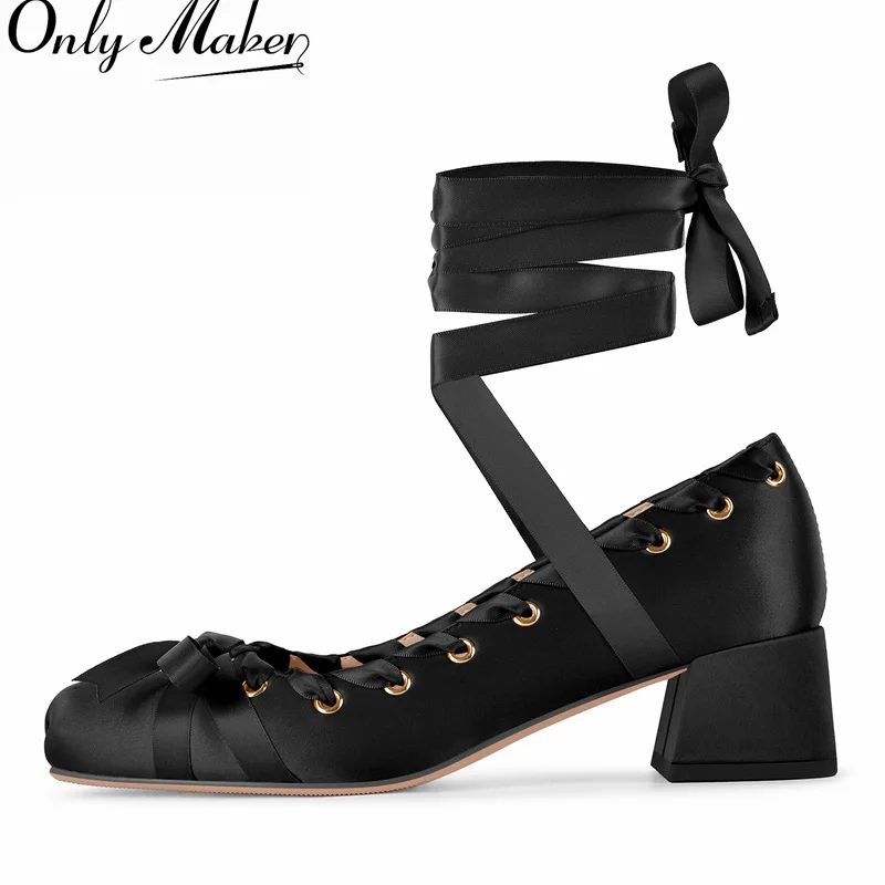 Onlymaker Zapatos de tacón de bloque de 5 cm para mujer, de satén negro con punta cuadrada y cordones, estilo bailarina con lazo en el tobillo