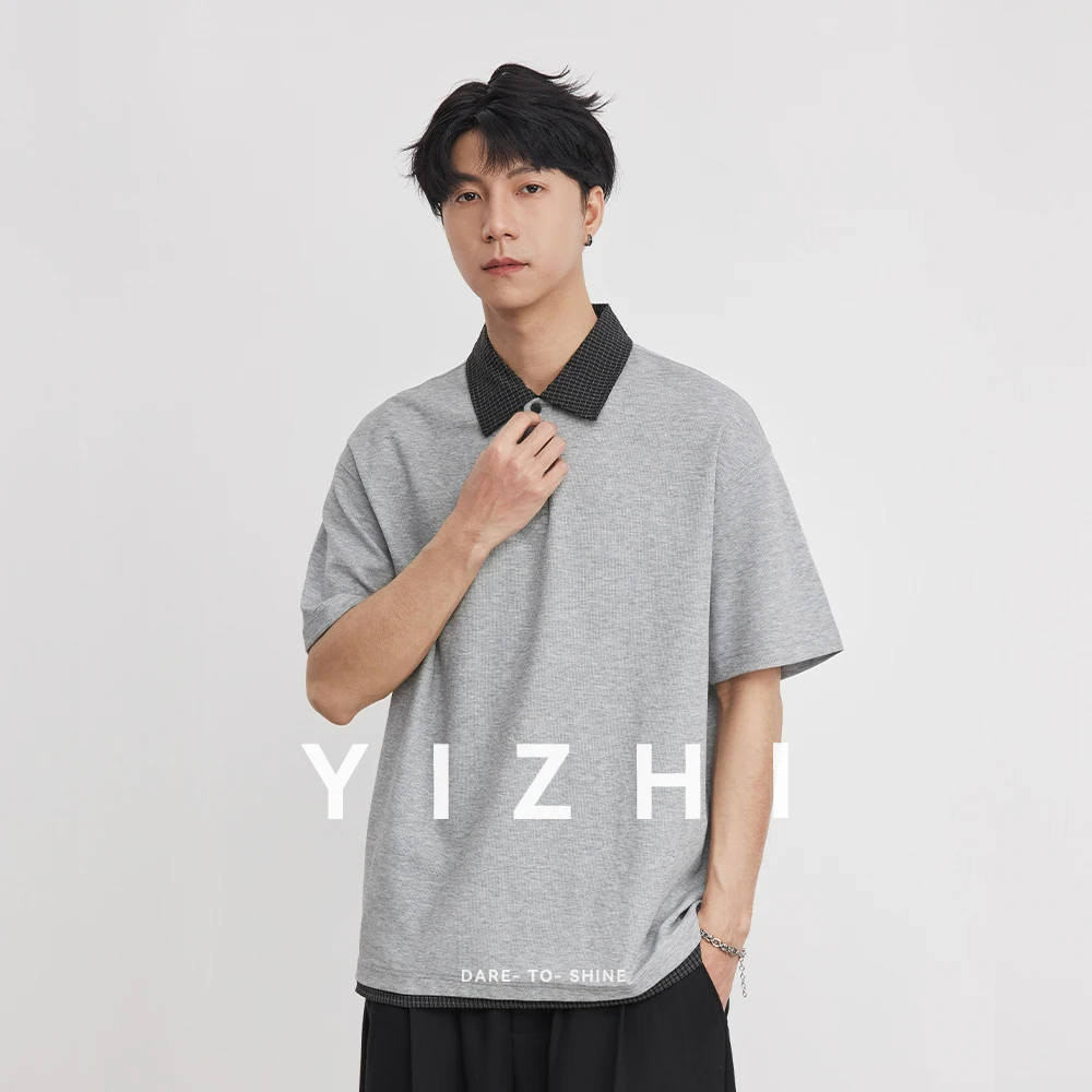 Heavy 230g American Retro Plaid Lapel Polo Shirt Men's 2026 Spring Fake Two-piece High-end T-shirt Short Sleeves