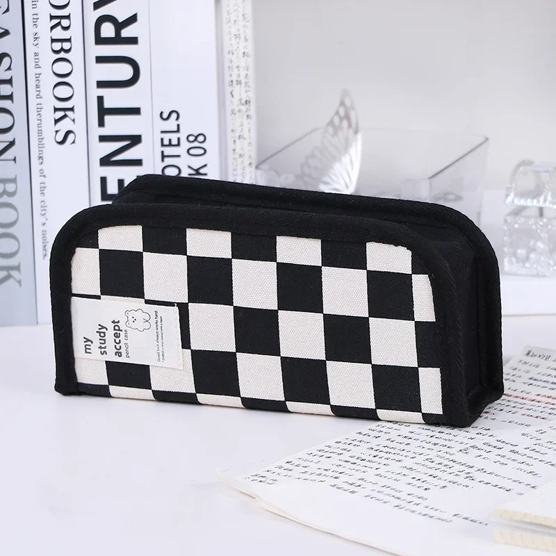 Kawaii Checkerboard Pencil Case Large Capacity Canvas Fashion Pencil Pouch Bag Back To School for Student Stationery Supplies