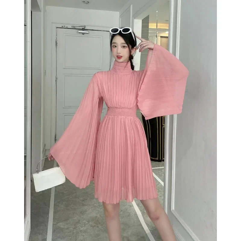 Turtleneck Flare Long Sleeve Vestidos Pleated Vestido Autumn New Women 2025 Dresses Tunic A-line Dress Fashion Clothing