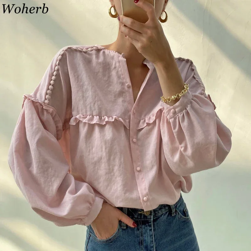 Woherb O-neck Shirt Summer Casual All Match Tops Eleegant Ruffle Long Sleeve Blouse Top Korean Chic Fashion Blusas 2024