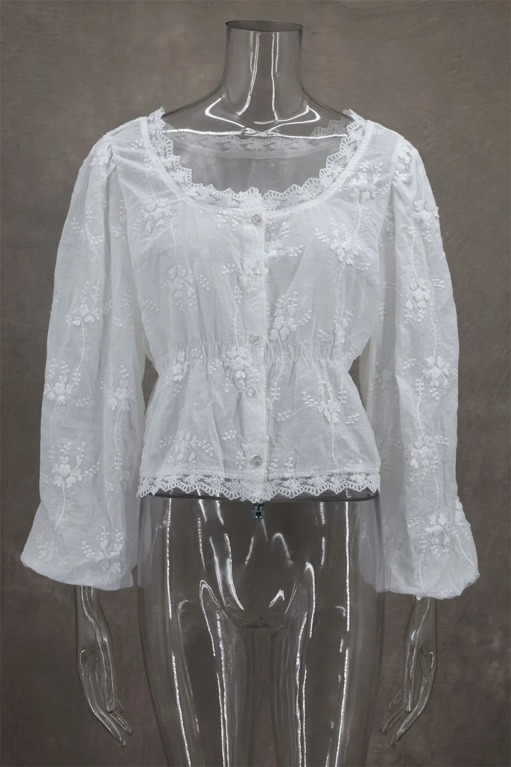 Sweet Embroidery Shirt for Women Spring Summer White Lace Long Sleeve U Neck Single Breasted Loose Elegant Lady Blouses