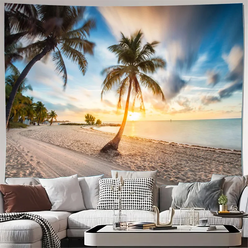 Luxury Tropical Beach Sunset Wall Tapestry Hanging Decor Art Waterproof Ocean Paradise Palm Tree Mural Print for Living Room Bed