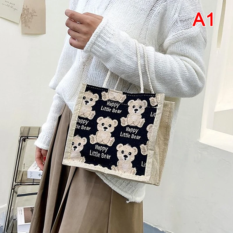 Women Cute Bear Pattern Shoulder Bag Flax Girl Student Handbag Mini Outdoor Handbag Casual Lunch Bag Underarm bag