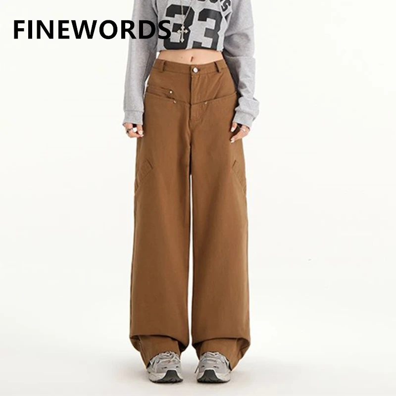 

FINEWORDS Retro Casual Korean Jeans Women Streetwear Washed High Waist Jeans Easymatch Full Length Wide Leg Denim Baggy Pants