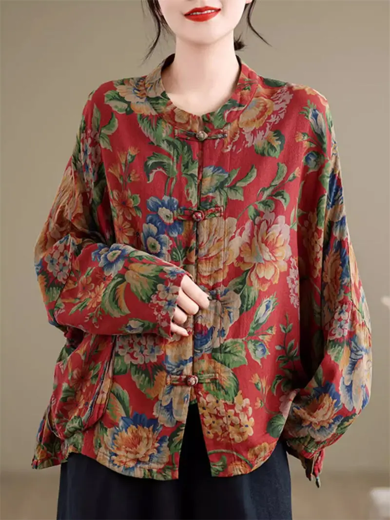 Ethnic Style Retro Large Flower Cotton And Linen Shirt Women\'s 2024 Spring Chinese Button Up Cardigan Bat Sleeve Top Jacket K971