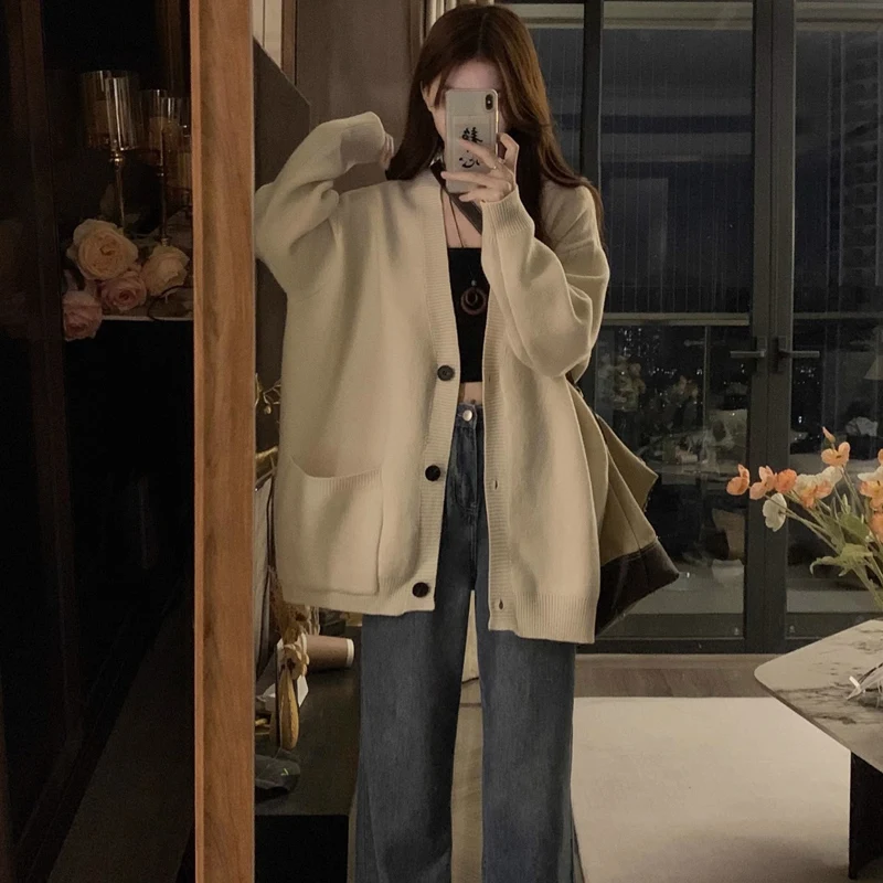 

Женский мягкий уютный вязаный кардиган с V-образным вырезом в корейском стиле, весна-осень, новая модная коллекция, облегающий трикотажный свитер с длинными рукавами