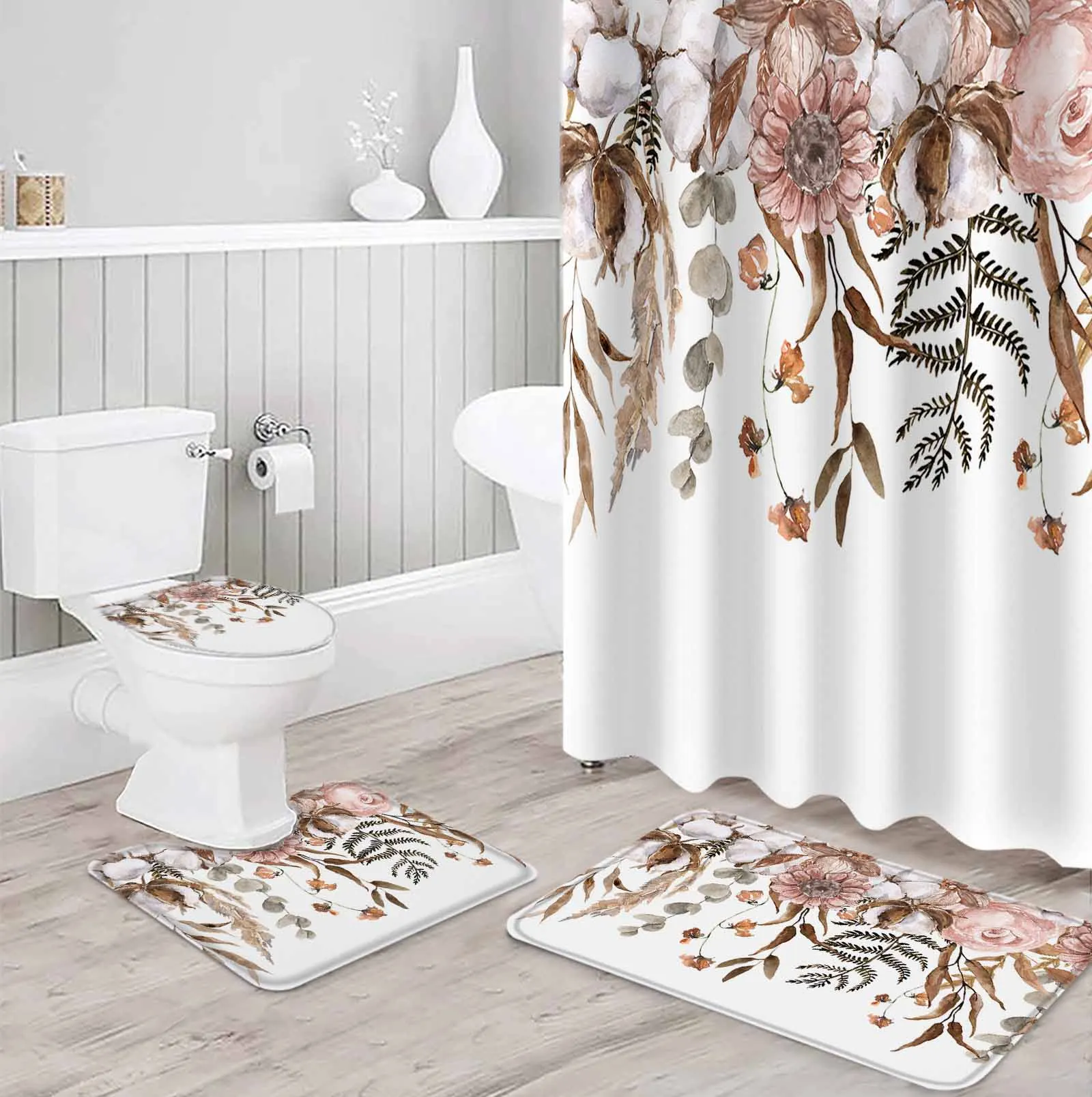 Autumn Leaves Cotton Eucalyptus Leaves Shower Curtain Set Non-Slip Rugs Bath Mat Toilet Lid Cover Waterproof Bathroom Curtain