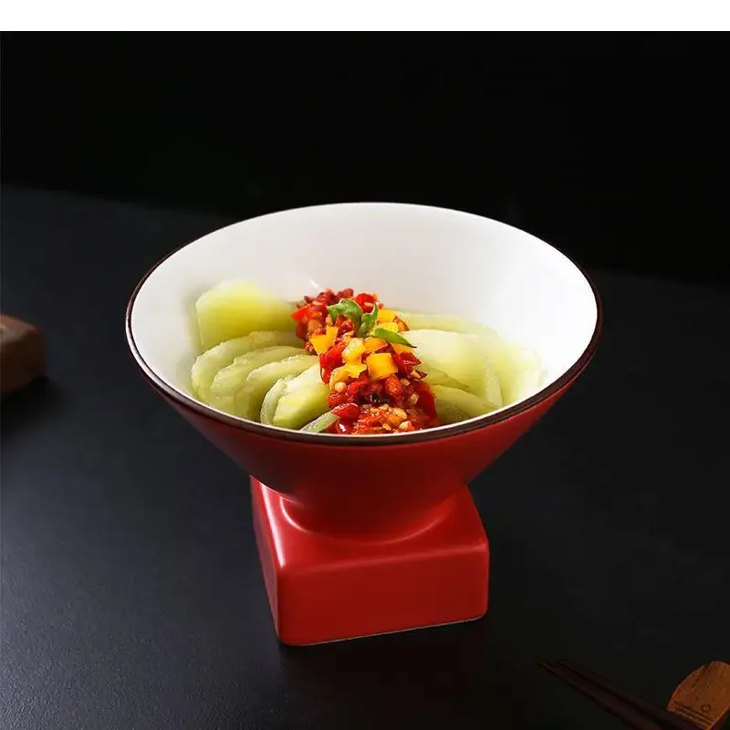 

Ceramic Fruit Salad Bowl Soup Basins High Feet Vegetable Plate Restaurant Round Tableware Snack Desserts Tray