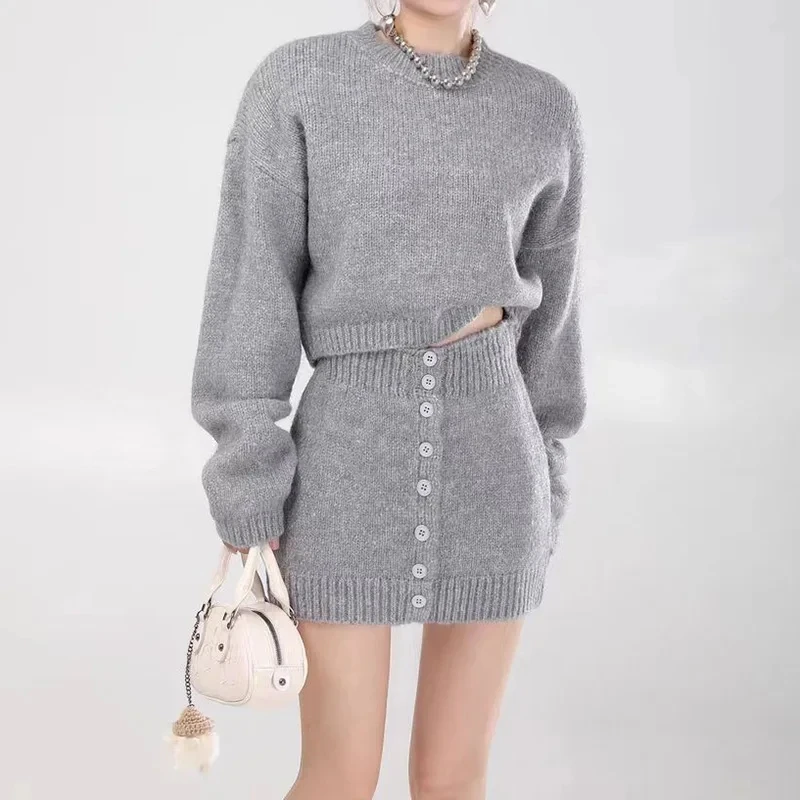 Women Fashion Sweater Skirt Suit Female O-neck Long Sleeve Pullovers+Single Buttons Knitted Bodycon Skirts Casual Sweater Sets