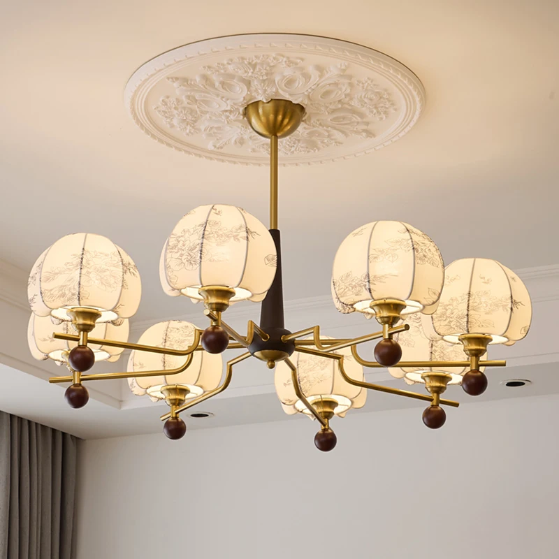 Creative Korean Palace-Style Chandelier Brass-Coloured Metal Patterned Fabric Shade Suitable For Living Room Bedroom Dining Room