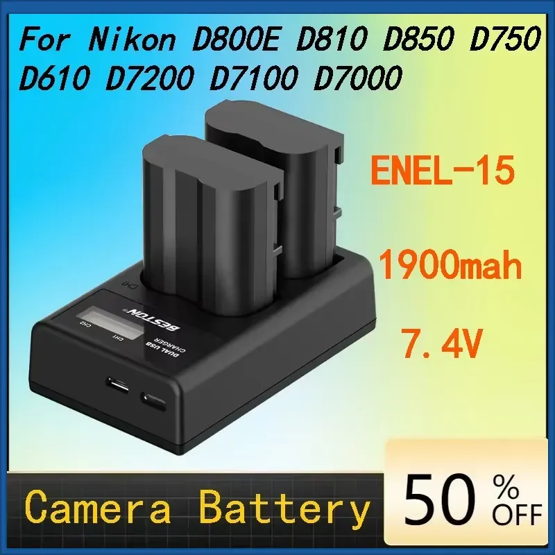1900mAh EN-EL15 Battery Compatible with Nikon D800E D810 D850 D750 D610 D7200 D7100 D7000 Cameras