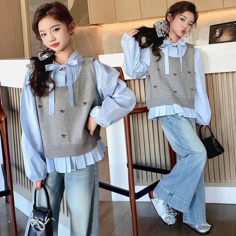 

Комплект из трех предметов: вязаный жилет, модный топ и рубашка для девочек (корейский стиль), новинка 2026 года