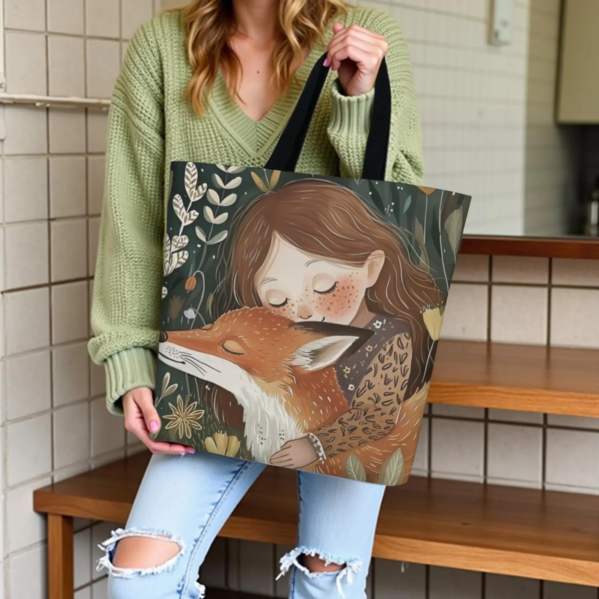 

Cozy Warm Heart Girl & Fox Canvas Tote Bag Forest Plant Pattern Reusable Shoulder Bag Gift for Nature & Healing Style Lovers