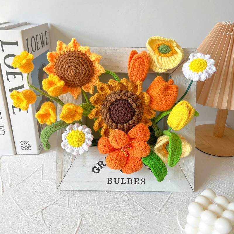 Handmade Knitted Flowers Mix And Match Sunflower Stereoscopic Flower Bouquet Photo Frame Finished Decoration Festive Simulation