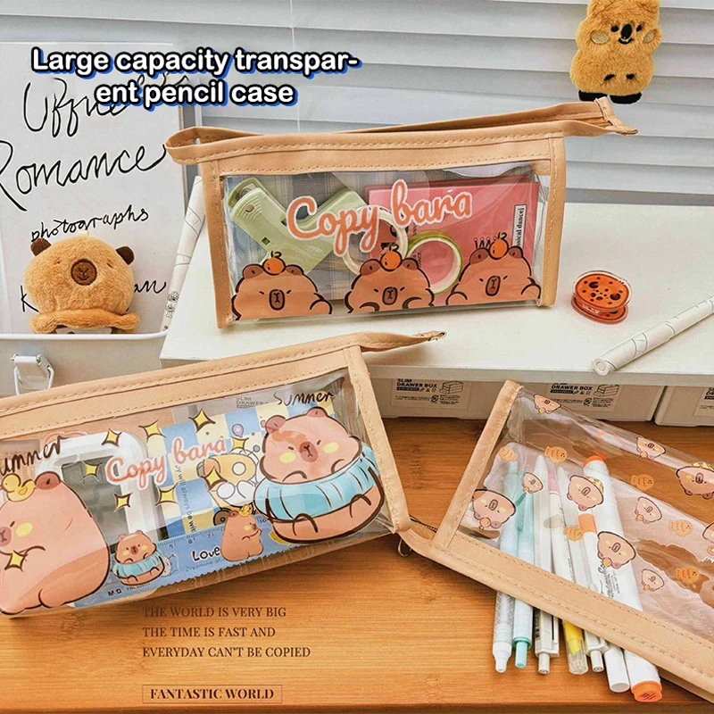 Portable Fashion Pencil Bag Cute Cartoon Capybara Large Capacity Stationery Storage Bag Transparent Zipper Students Pencil Case