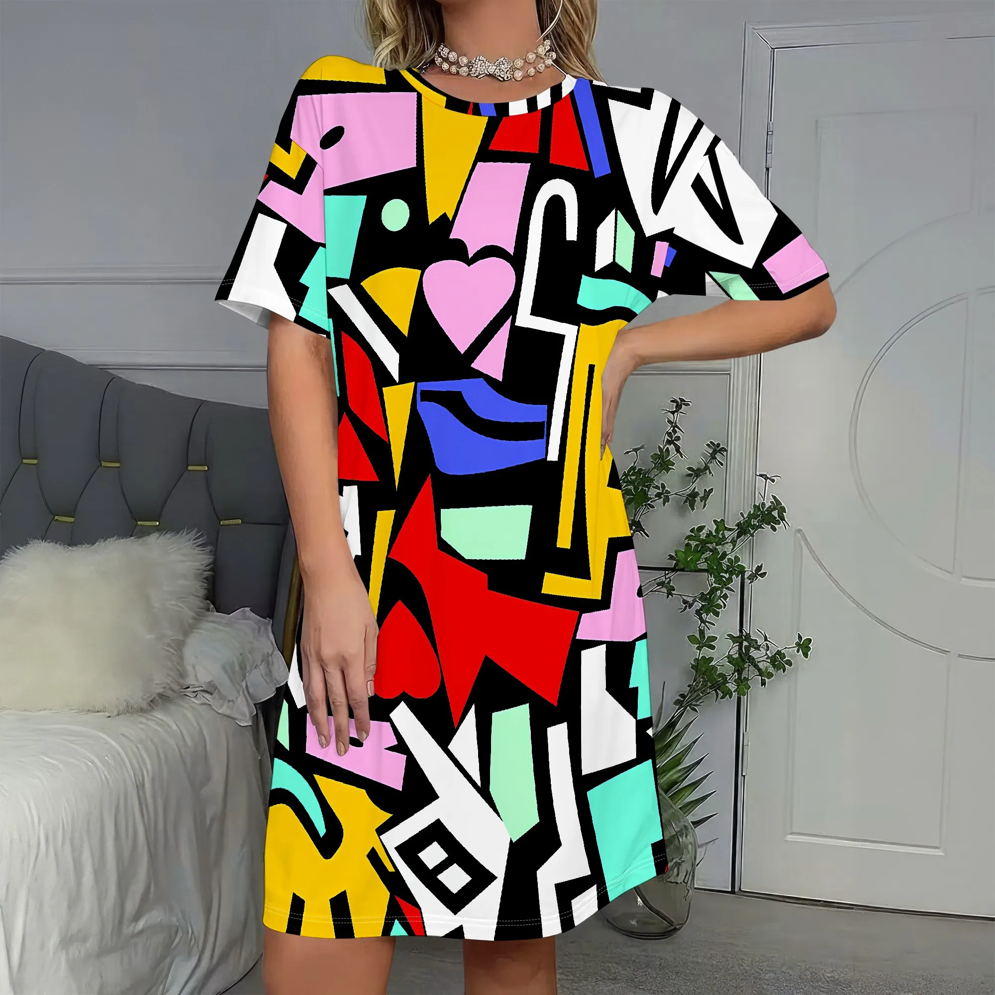 

Abstract Art Print, Short Sleeve Dress, Colorful Geometric Pattern, Casual Summer Wear, Women's Fashion S-2XL