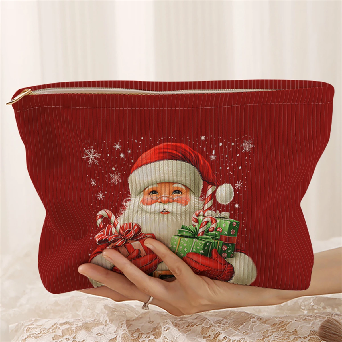 

1 Christmas themed corduroy makeup bag, lightweight zipper makeup storage box, multifunctional bag with lining
