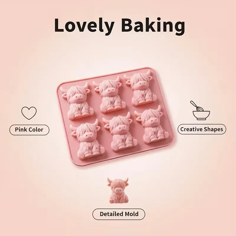 Molde de Silicona con 6 Cavidades de Lindas Vacas Highland, Ideal para Galletas, Chocolate, Fondant y Bandejas de Hielo DIY para el Hogar
