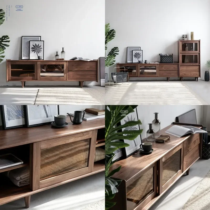 For Small Apartment Nordic Solid Wood TV Cabinet Walnut Multi-functional Storage Customer Video Console Furniture Wholesale