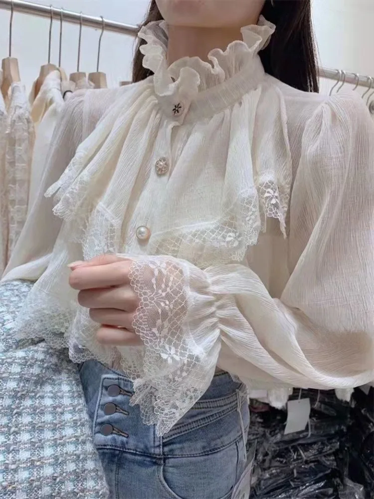 Temperament Ladies Tops Flare Sleeve White Lace Embroidery Blouse for Women 2024 Blusas Mujer De Moda Stand Neck Ruffles Shirt