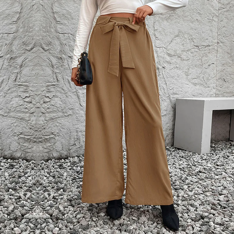 Temperament Pure Color Lace-up High Waist Wide Leg Pants, Women's New Autumn Fashion Casual Loose Elegant Straight-leg Pants