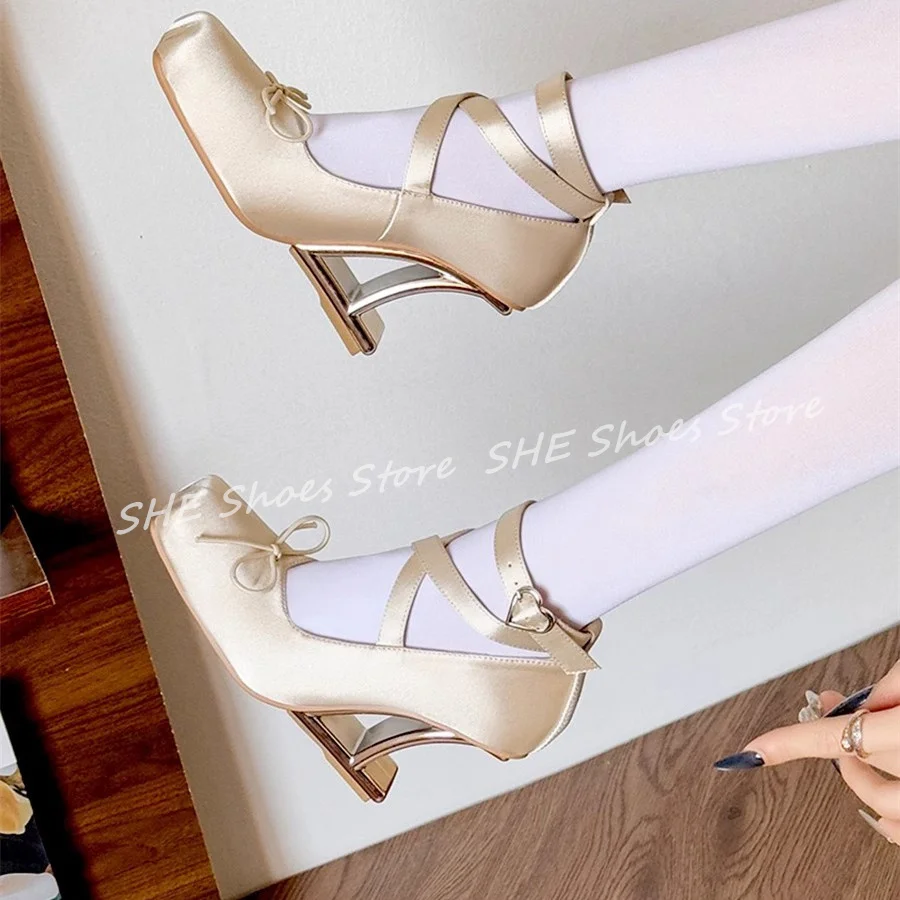 

Fashion Design 10Cm Strange Heel Women Ballet Pumps Butterfly Knot Decor Square Toe High Heel Sandals Ladies Party Dress Shoes