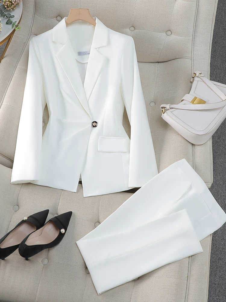 Black Blue White Women Pant Suit Office Ladies Female Business Work Wear 2 Piece Set Formal Blazer Jacket And Trouser