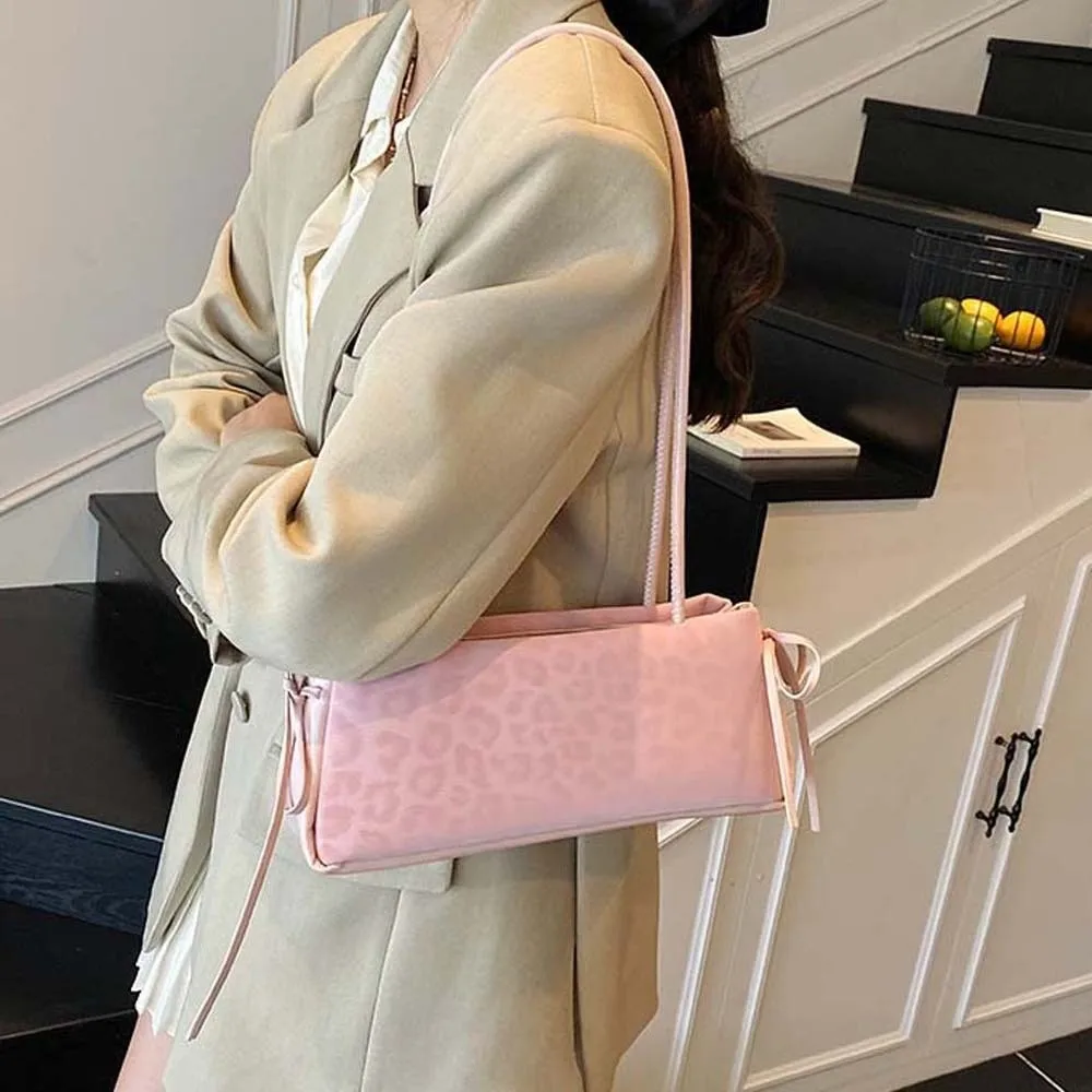 

Sweet French Stick Handbag Bow Ribbon Korean Style Leopard Print Underarm Bags Large Capacity Texture PU Shoulder Bag Travel