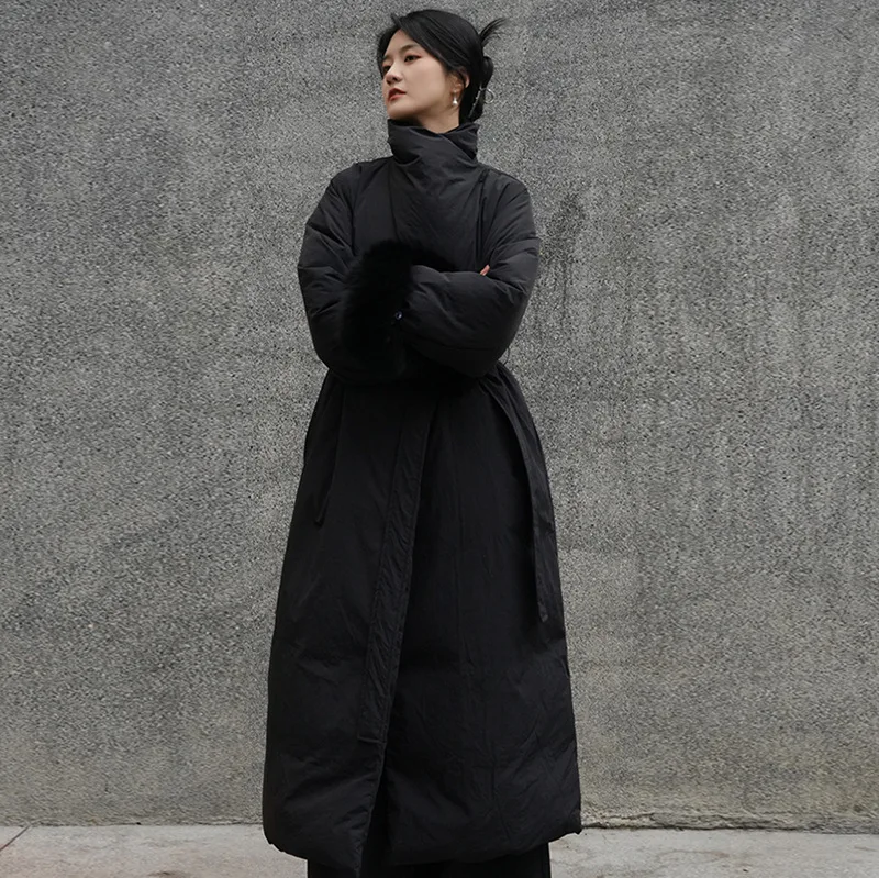 UMI MAO High-End Designer Long Down Coat Fur Sleeves Women Winter Fashion Waist-Cinching Elegant 90 White Duck Down Jacket