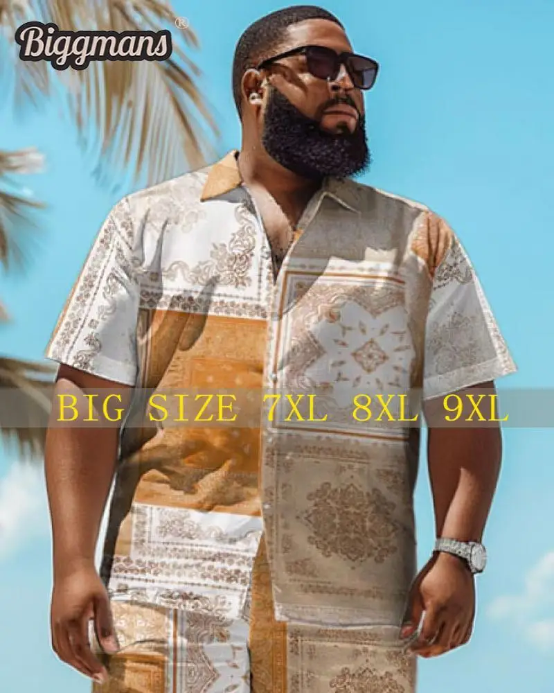 

Biggmans Shirt Plus Size L-9Xl for Summer Beach Men's Oversize Beach Hawaiian Colorful Block Print Shirt Shorts Top 7XL 8XL