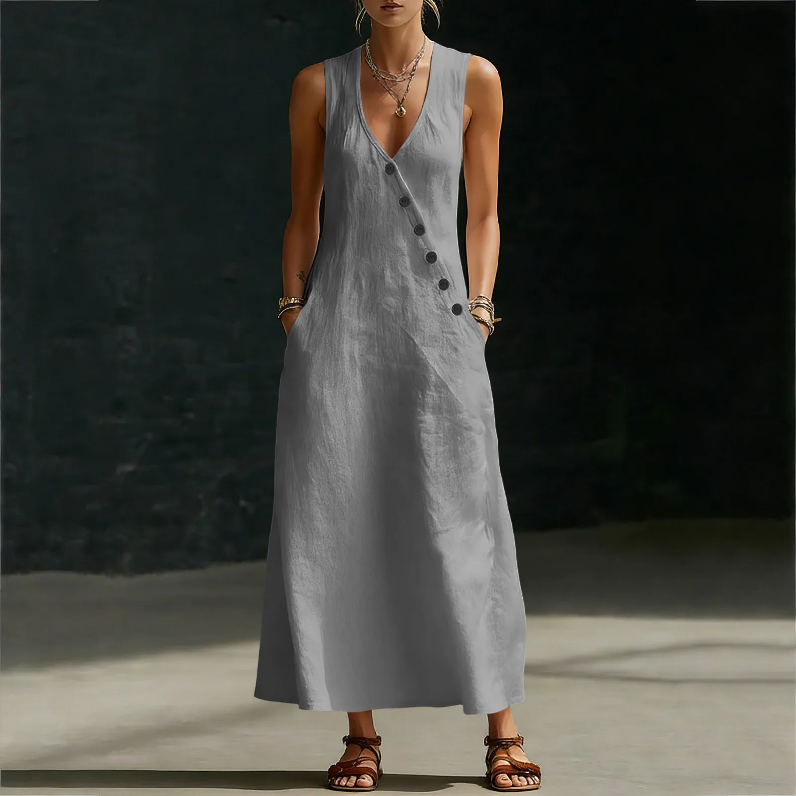 2026 Sommer Damen Baumwoll-Leinen A-Linien-Maxikleid mit V-Ausschnitt, ärmellos, asymmetrisch, Knopfleiste, Westenkleid, locker geschnitten, lässig, für den Urlaub am Strand – Detail 18