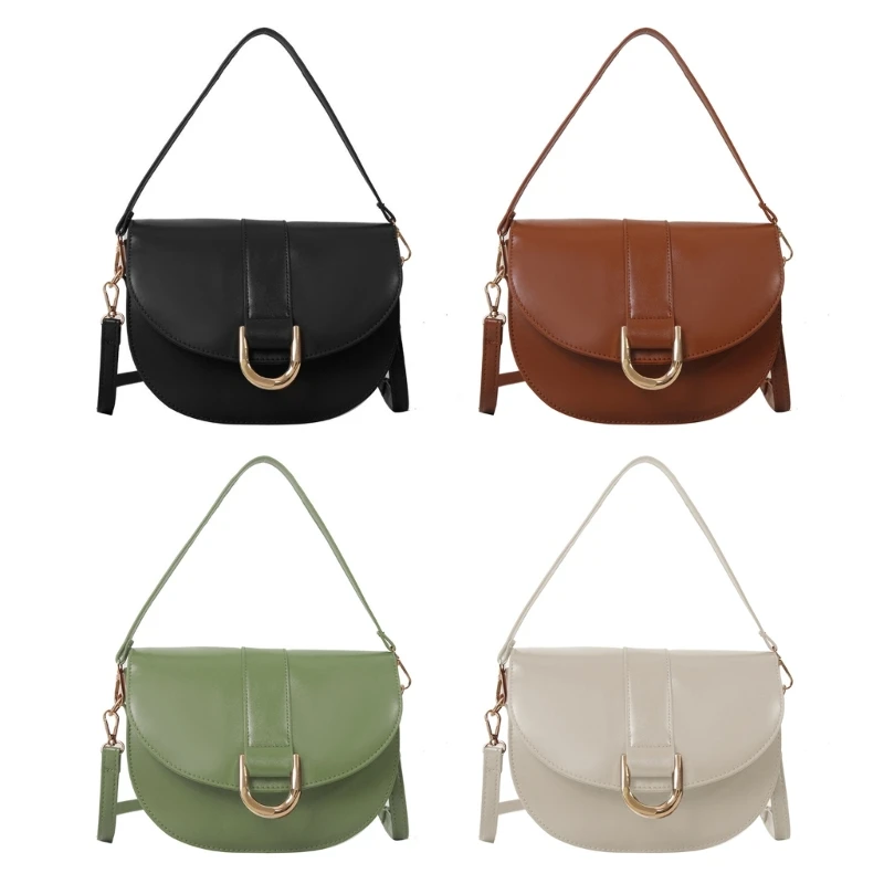 Fashion Single Shoulder Bag Simple Leathers Commuters Bag Women Semicircle Handbag Vintage Crossbody Bags Purse